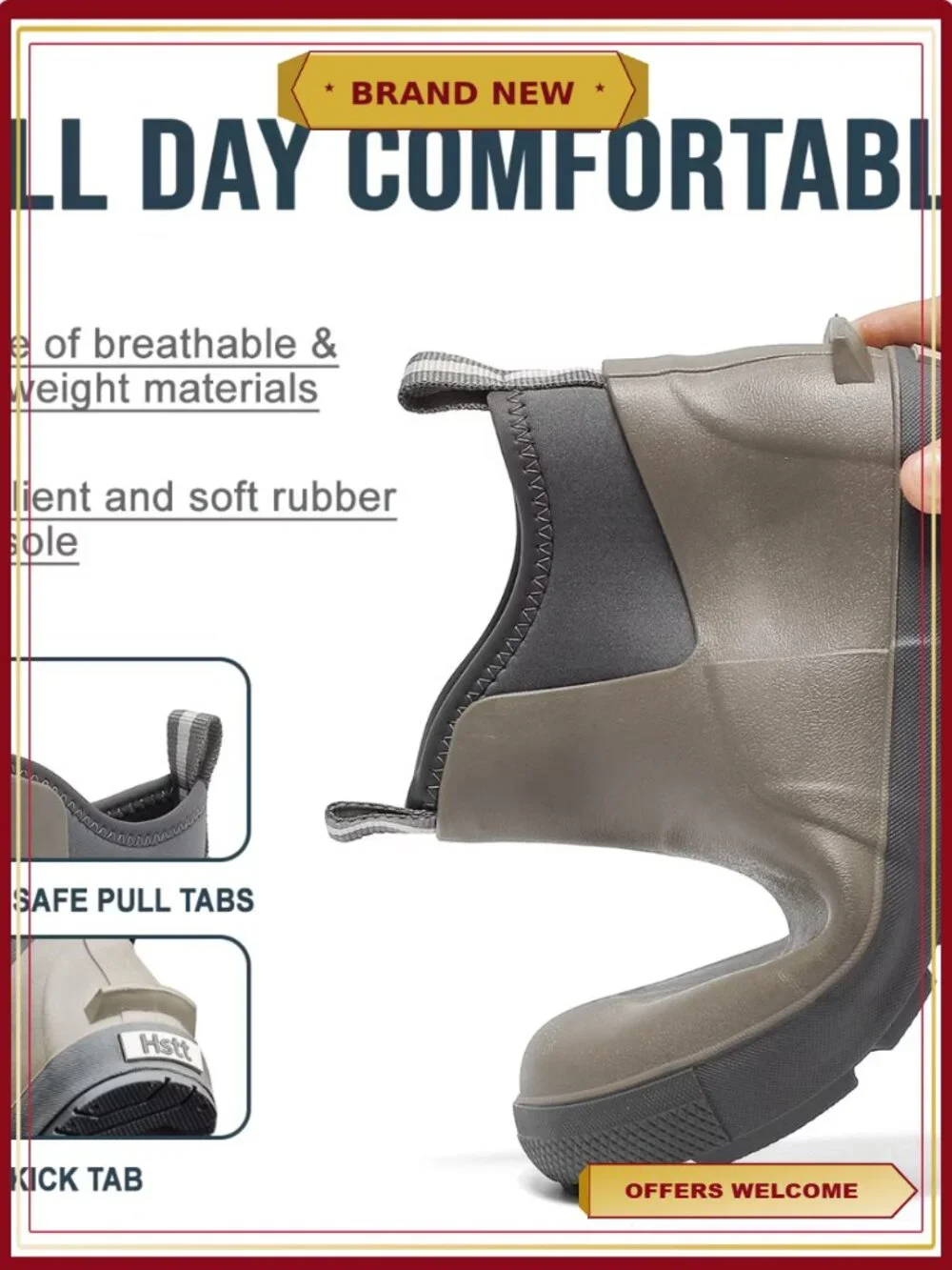 Men's Waterproof Rain Boots Anti-Slip Rubber Ankle Deck Boots Gardening Fishing